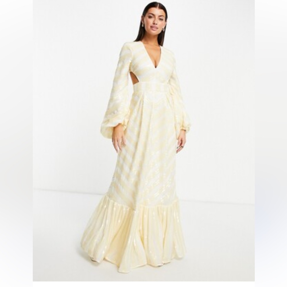 ASOS Yellow Maxi Dress with V-Neck and Long Puff Sleeves